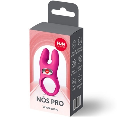 Caixa de vibrador rosa Fun Factory Nôs Pro com aro vibratório e texto informativo.