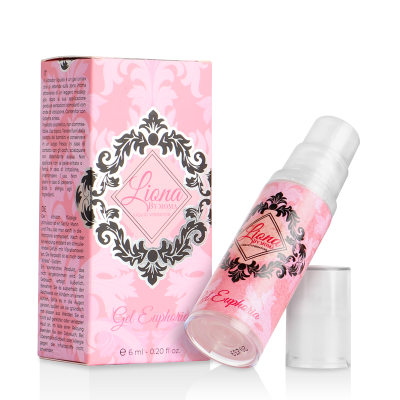 Frasco e caixa rosa de gel vibrador líquido unissexo com detalhes florais e texto