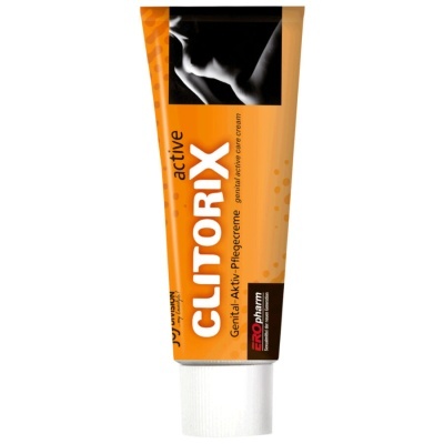 Tubo laranja de creme CLITORIX active com tampa branca e texto