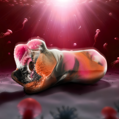 Cachorro de cerâmica colorido num ambiente escuro com organismos flutuantes e iluminação rosa