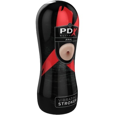 produto cylindrical preto com detalhes vermelhos e texto PDX ELITE ANAL VIBRATING STROKER