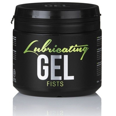 Frasco preto de gel lubrificante com texto Lubricating GEL FISTS