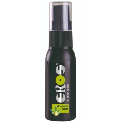 Frasco preto de spray EROS com rótulo destacando Jojoba e CBD