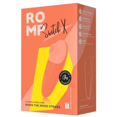 Embalagem cor-de-rosa de estimulador clitoriano ROMP Switch X com texto e ilustração do produto