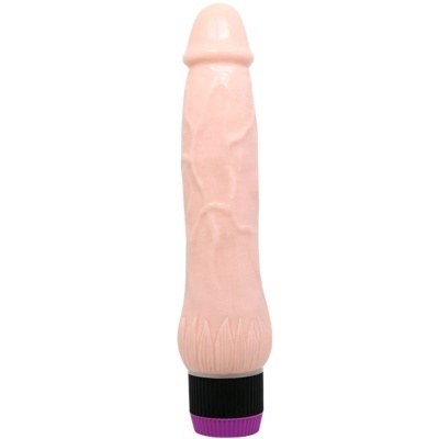 Dildo bege com base preta e anel roxo sobre fundo branco