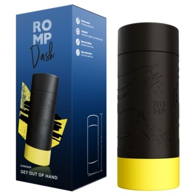 Produto stroker preto com base amarela e embalagem azul com texto ROMP Dash