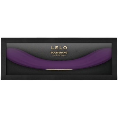 Vibrador LELO Boomerang roxo, embalagem preta com texto dourado