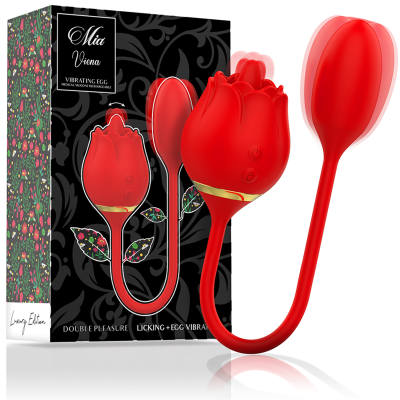 Vibrador vermelho em forma de flor com caixa preta decorada