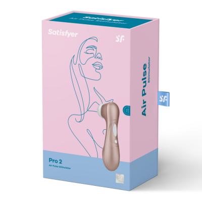 Caixa do produto Air Pulse Stimulator Pro 2 Satisfyer com design simples e cores rosa e azul