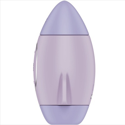 Frasco plástico lilás de produto cosmético com tampa pontiaguda e base arredondada.