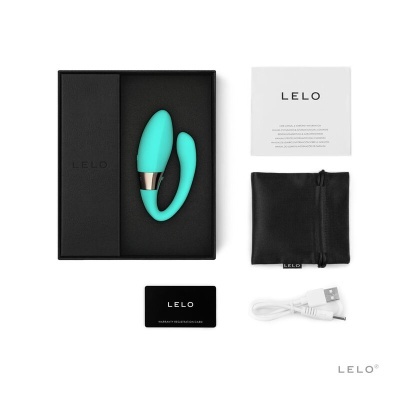 Conjunto de vibrador azul LELO com acessórios, embalagem preta e manual