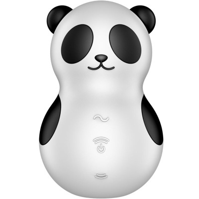 Dispositivo em forma de panda branco e preto com símbolos eletrónicos visíveis