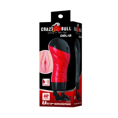 Embalagem preta e vermelha de produto erótico Crazy Bull Delia com texto e imagem de simulação vaginal