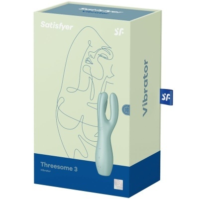 Caixa do vibrador Satisfyer Threesome 3 azul-acinzentado com ilustração e texto