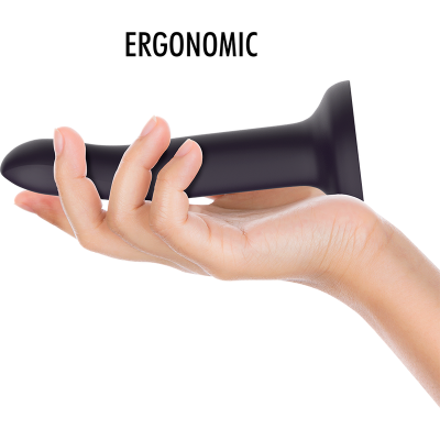 mão segurando objeto preto com a palavra ERGONOMIC no fundo branco