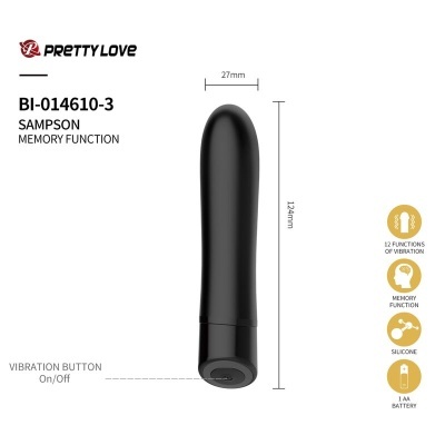 Vibrador preto cilíndrico PRETTY LOVE BI-014610-3 SAMPSON com dimensão e ícones de funções.