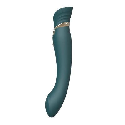 Vibrador azul esverdeado com detalhe dourado e textura ondulada na parte superior