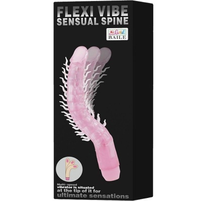 Embala de produto preto chamado FLEXI VIBE SENSUAL SPINE com imagem de vibrador cor-de-rosa texturizado.