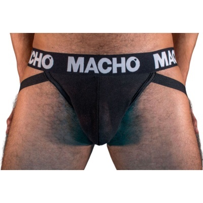Cueca jockstrap preta masculina com cinto elástico 'MACHO' branco