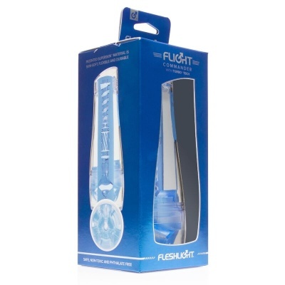 Embalagem azul com texto branco e produto translúcido visível