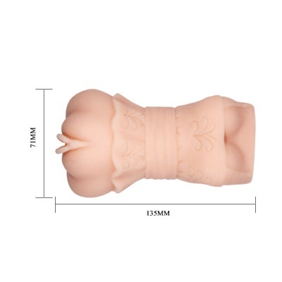 Produto cilíndrico em silicone cor pele com padrões decorativos e dimensões visíveis