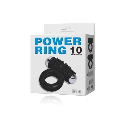 Embalagem de produto Power Ring 10 Functions com anel e dispositivo preto texturizado