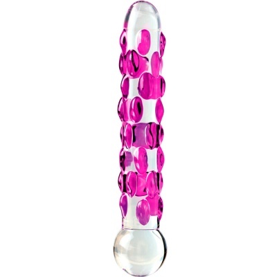 objeto de vidro transparente com detalhes rosa e relevo em bolhas