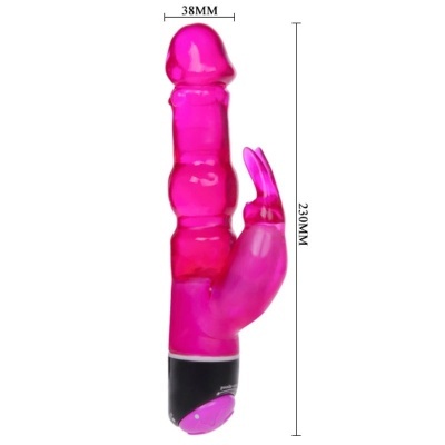 Vibrador cor-de-rosa translúcido com base preta e anexo em forma de coelho