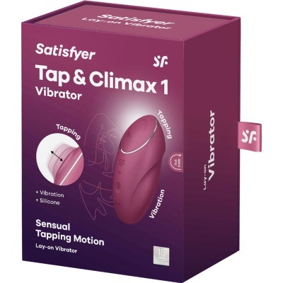Embalagem roxa do vibrador Satisfyer Tap & Climax 1 com texto branco e imagens ilustrativas