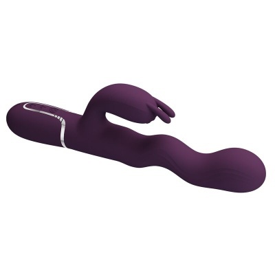 Vibrador roxo escuro em silicone com formato ondulado e estimulador em forma de coelho
