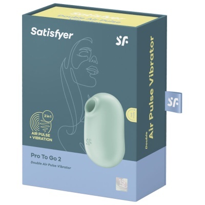 Caixa de produto Satisfyer Pro To Go 2 com vibrador verde claro em fundo azul