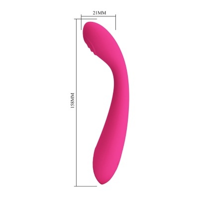 Vibrador rosa curvado com medidas em milímetros