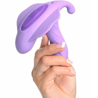 Vibrador de silicone lilás com três botões e textura distinta