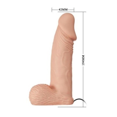 Dildo cor de pele com medidas indicadas em fundo branco