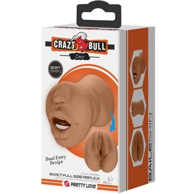 Caixa do produto Crazy Bull Zoe com réplica anatómica masculina em Soft Skin, cores laranja, branco e preto