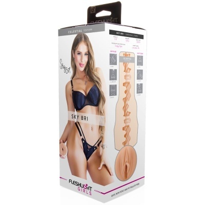 Embalagem de produto FLESHLIGHT GIRLS com imagem de mulher loira em lingerie preta e réplica de silicone