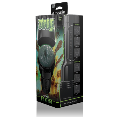 Emb packaging de produto ZOMBIE LADY da marca FLESHLIGHT FANTASY com textura verde e instruções de uso em inglês