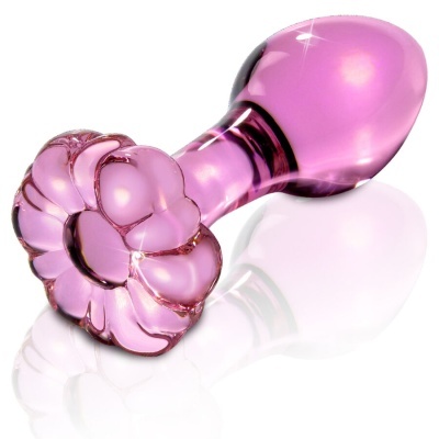 Plug anal em vidro rosa translúcido com base em forma de flor