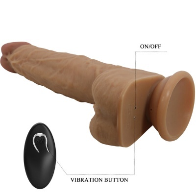 Dildo realista cor pele com controlo remoto preto, texto ON/OFF e VIBRATION BUTTON