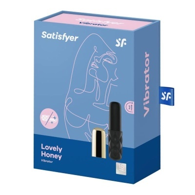 Caixa azul do vibrador Satisfyer Lovely Honey com ilustração de casal e vibrador pequeno preto