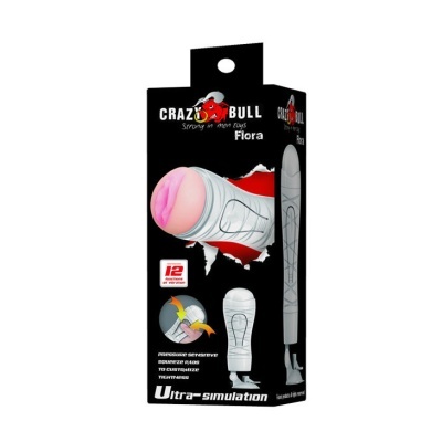 Embalagem preta com masturbador masculino branco e rosa da marca Crazy Bull Flora