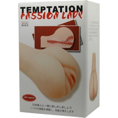 Caixa branca com produto masturbador bege e texto TEMPTATION PASSION LADY