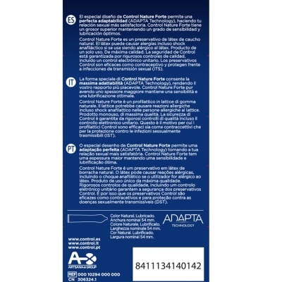 Embalagem azul escuro de preservativo Control Nature Forte com texto em português e outros idiomas