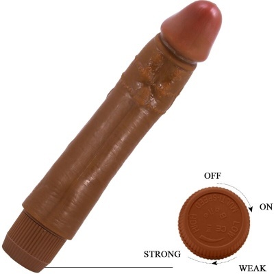 Vibrador castanho formato de pénis com ponta rosa e regulador de intensidade
