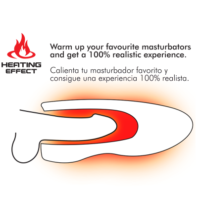 Desenho esquemático de dispositivo de aquecimento para masturbadores com texto em inglês e espanhol e ícone de chama vermelha