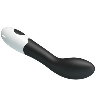 Vibrador anatómico preto com base branca e botão