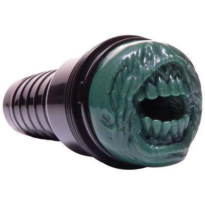 Produto cilíndrico plástico preto com inserção verde em forma de boca com dentes.