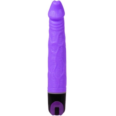 Vibrador roxo com base preta e textura anatómica