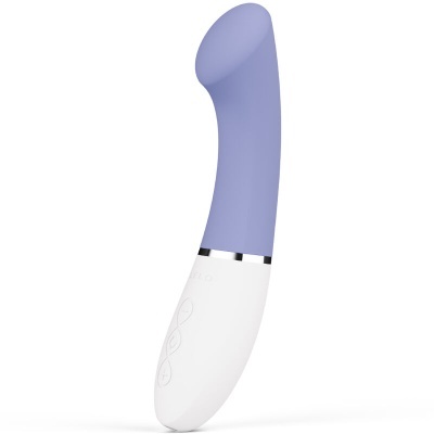 Vibrador curvo lilás com base branca e botões