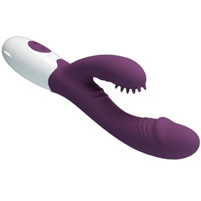 Vibrador roxo com base branca e peça em forma de garra
